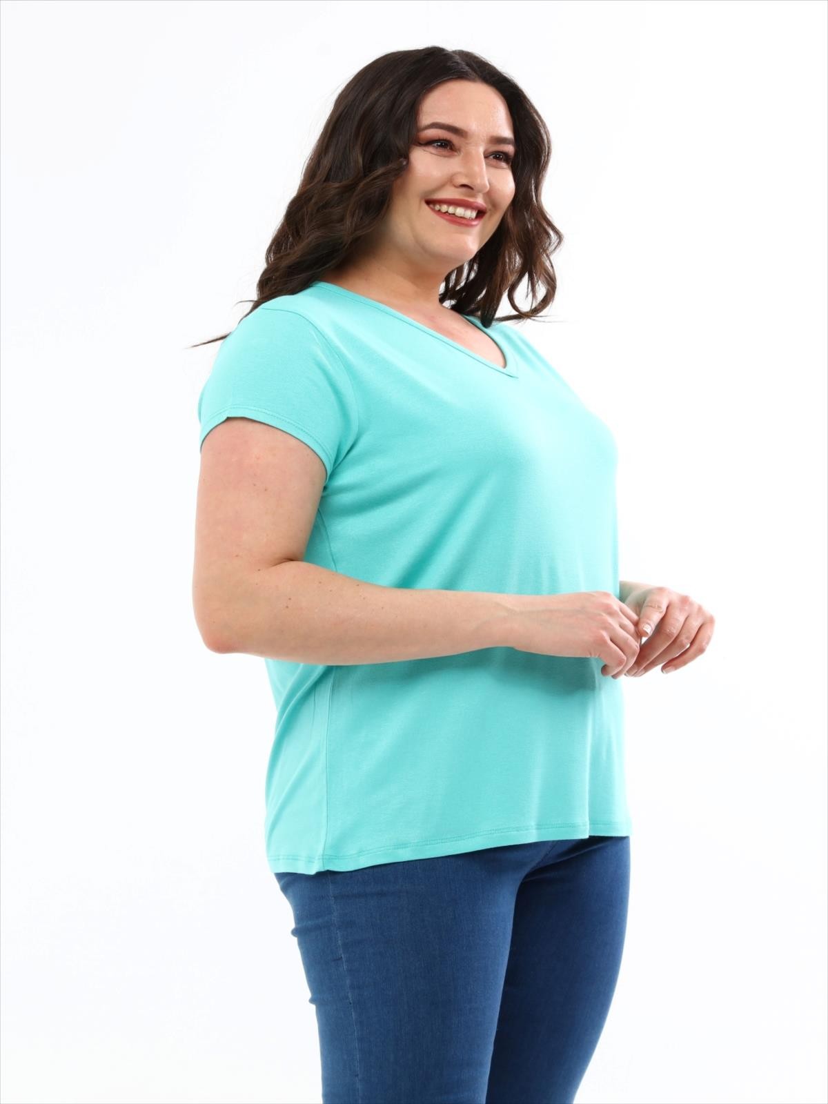 Kadın Büyük Beden V Yaka Basic Kısa Kollu T-Shirt - Mint