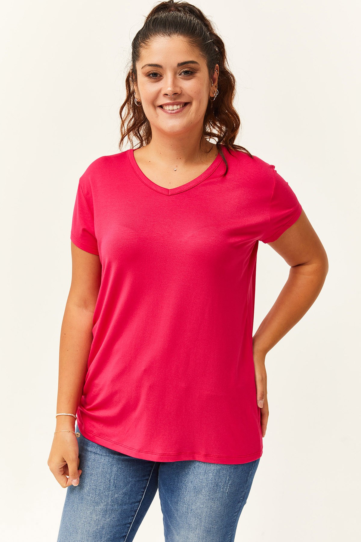 Kadın Büyük Beden V Yaka Basic Kısa Kollu T-Shirt - Pembe