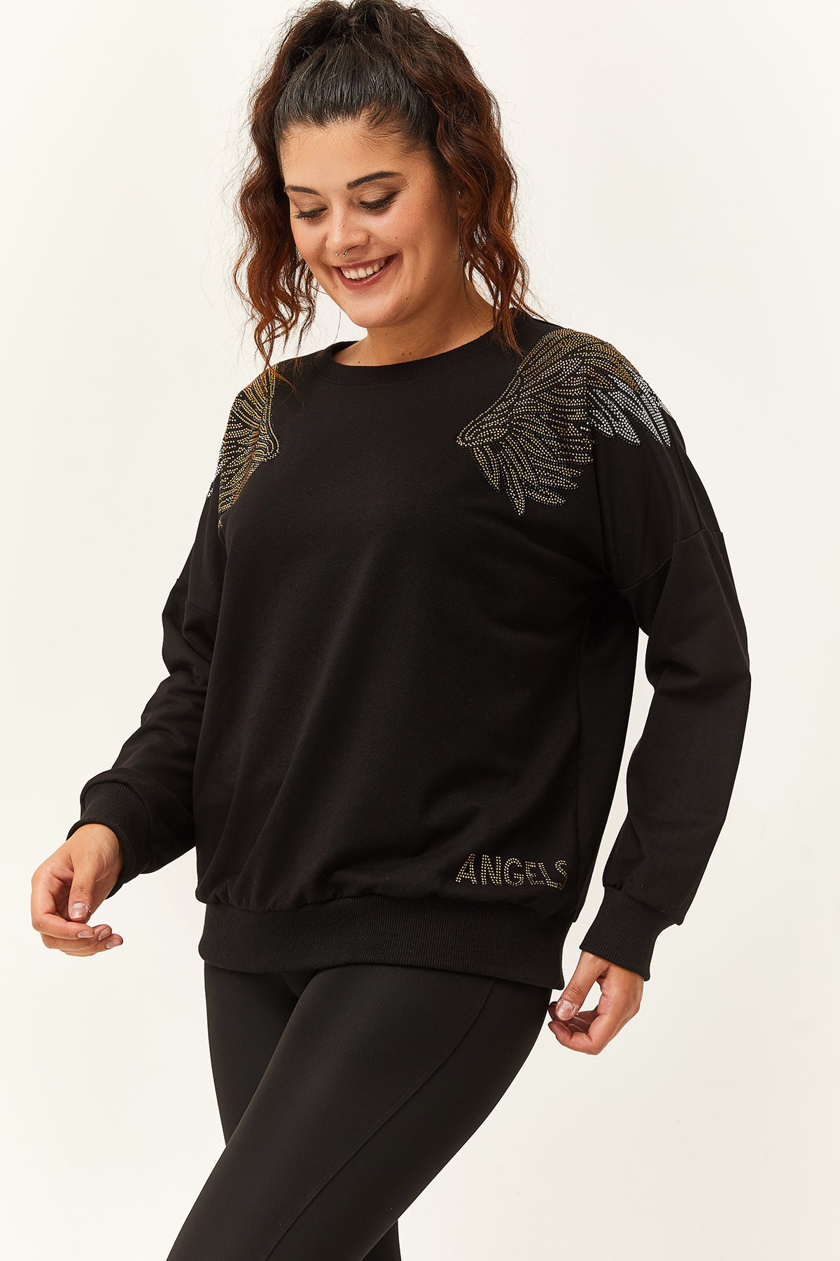 Kadın Büyük Beden Angels Taş Baskılı Sweatshirt - Siyah