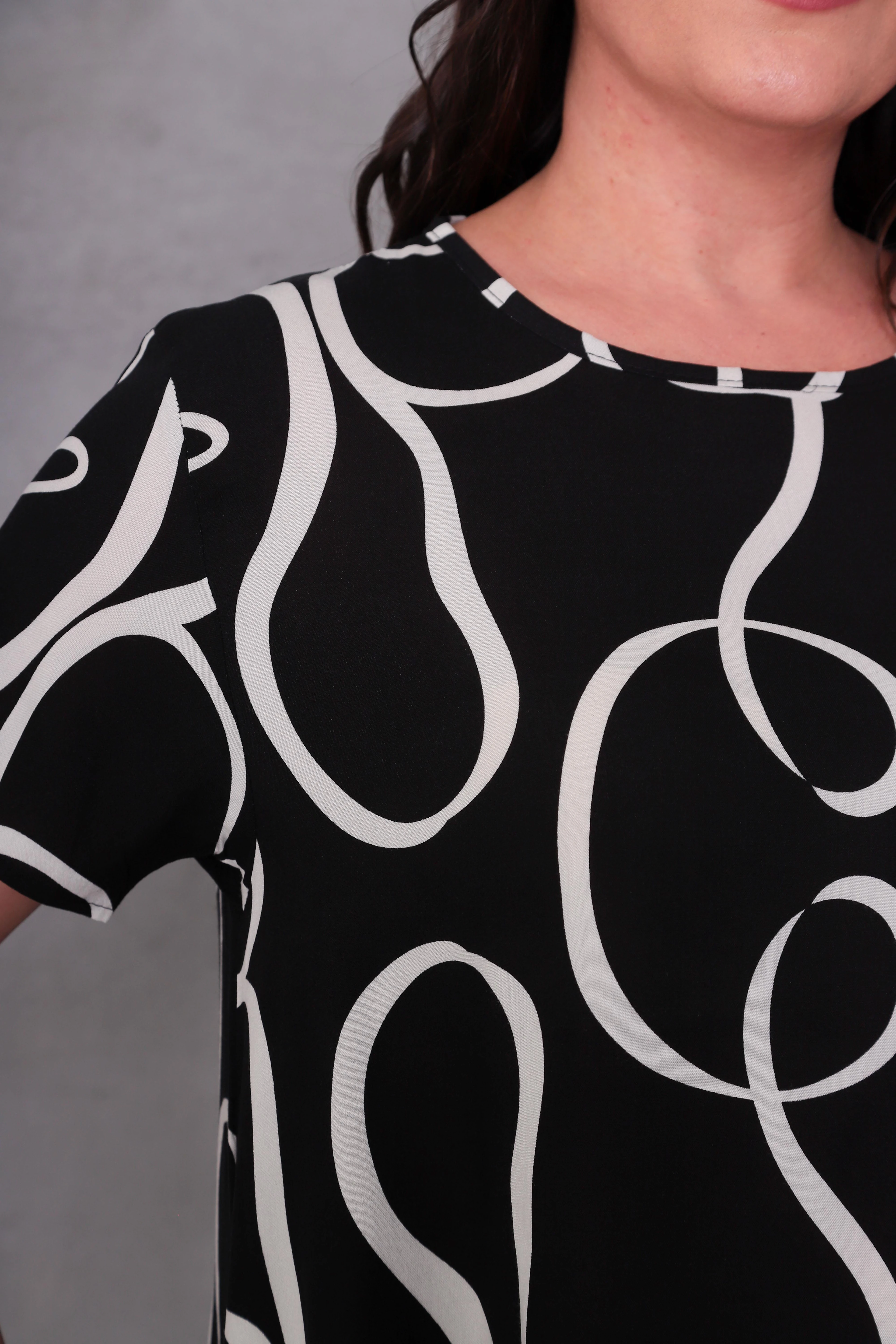 Kadın Büyük Beden Geometrik Desen Dokuma Elbise - Siyah-Beyaz