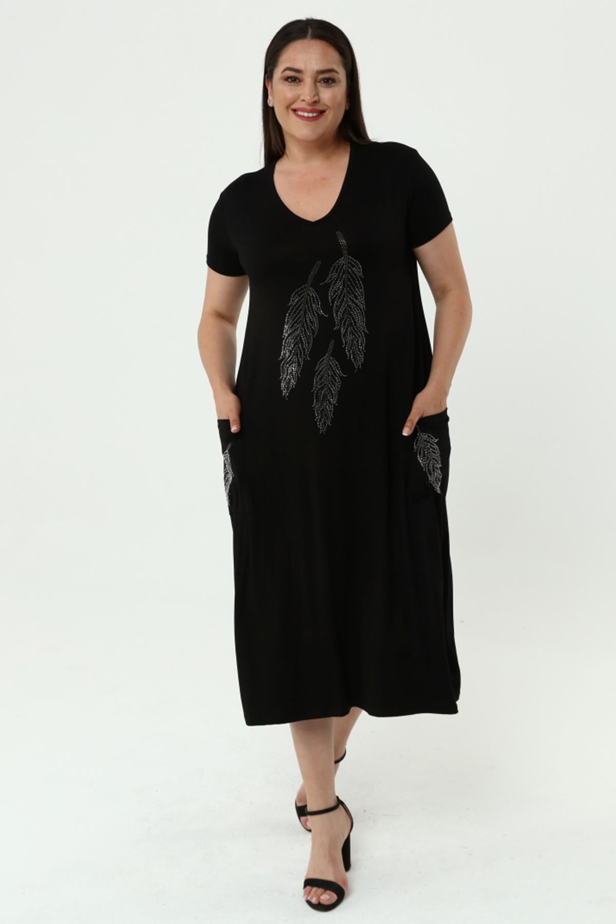 Kadın Büyük Beden Yaprak Taş Baskılı Elbise - Siyah