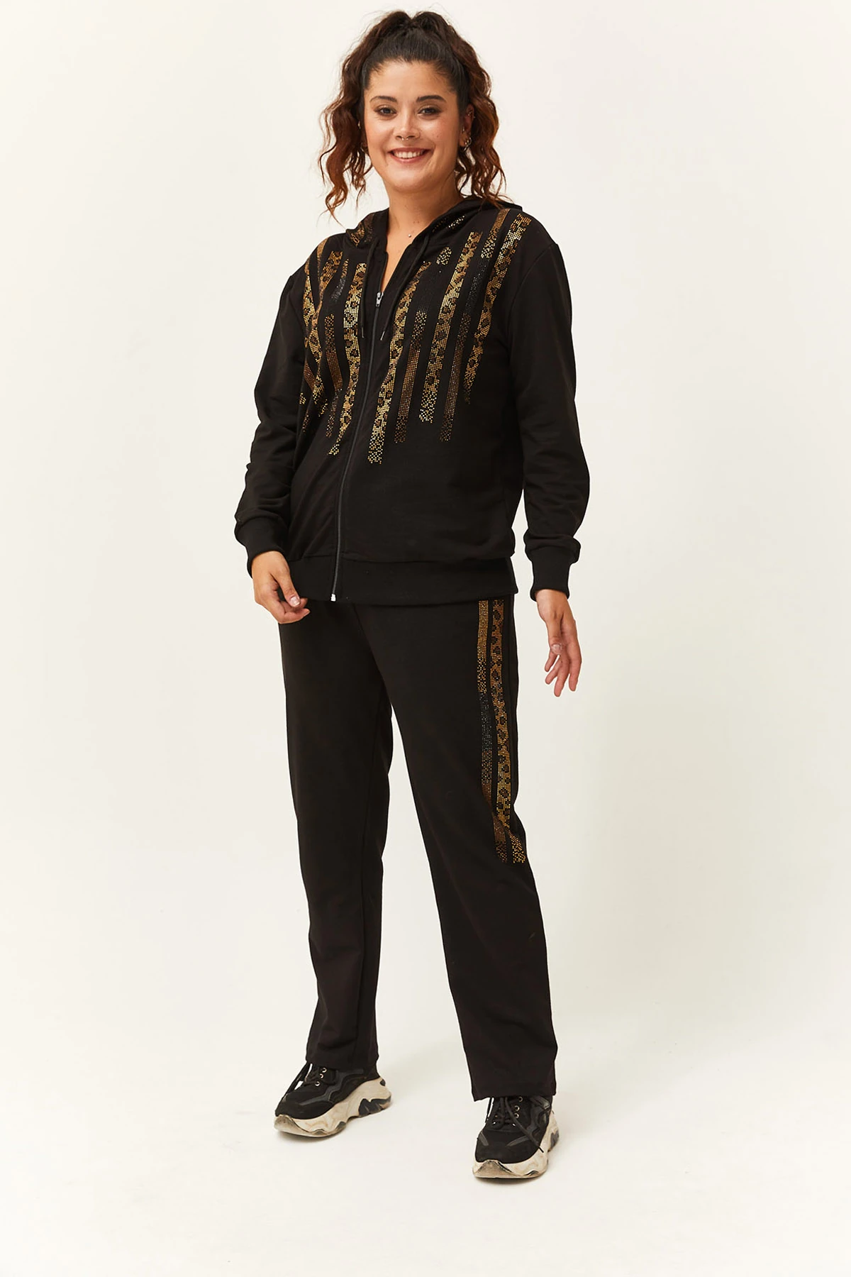 Kadın Büyük Beden Leopar Taş Tasarım Eşofman Takımı