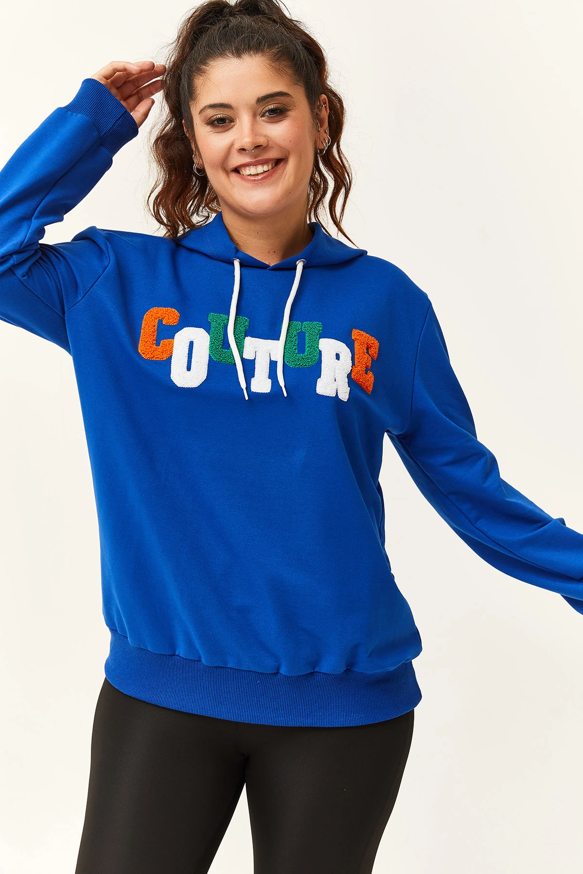 Kadın Büyük Beden Couture Yazılı Sweatshirt - Mavi