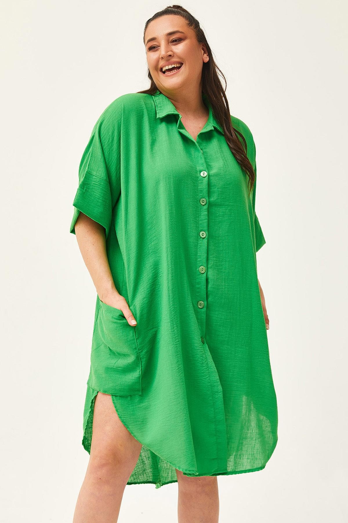 Kadın Büyük Beden Düşük Kol Ekstra Rahat Kalıp Keten Gömlek Elbise - Yeşil