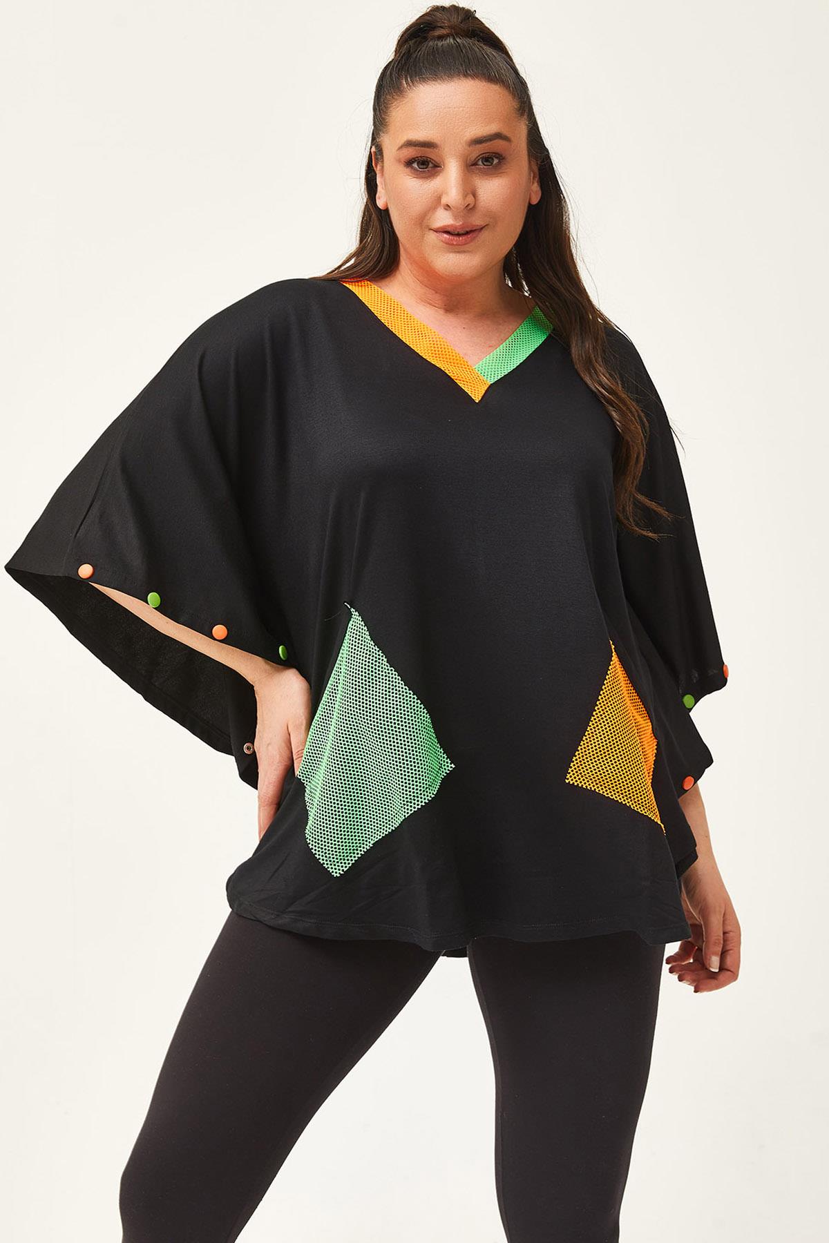 Kadın Büyük Beden Ekstra Rahat Kalıp Renkli File Cep Detay Bluz