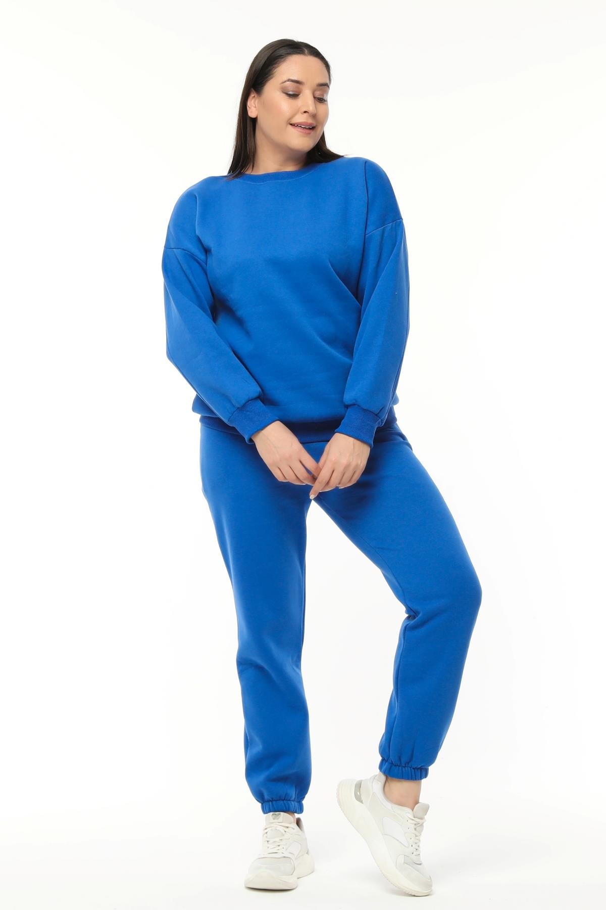 Kadın Büyük Beden Basıc Şardonlu Sweatshirt - Mavi