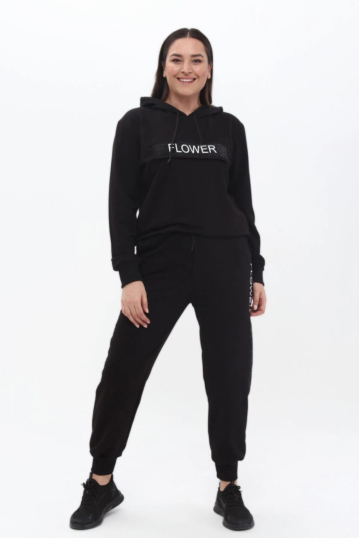 Kadın Büyük Beden Flower Yazı Ve Taş Desenli Eşofman Takımı