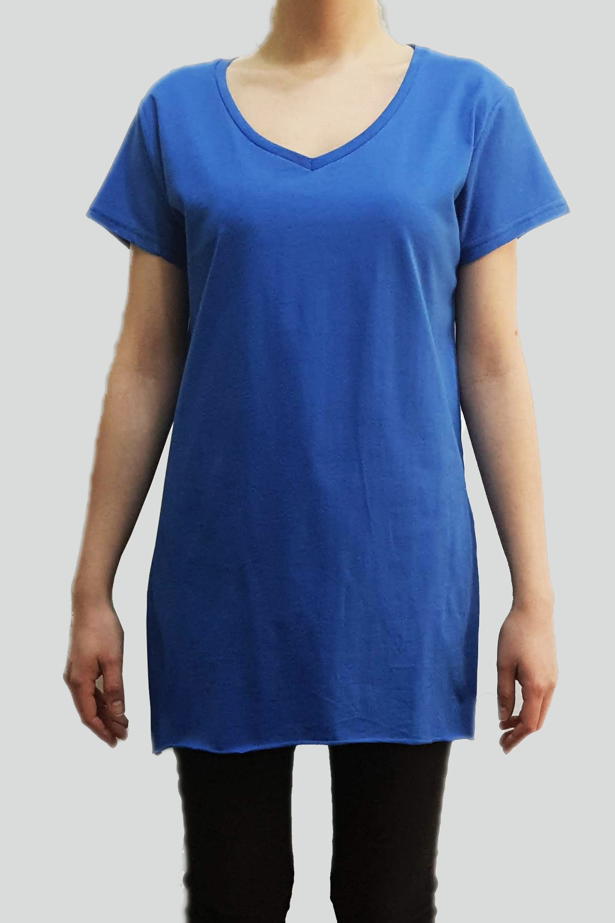 Kadın V Yaka Uzun Pamuklu T-Shirt - Mavi