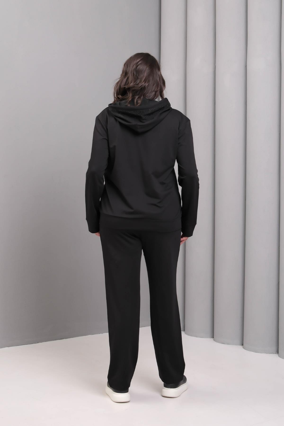 Kadın Büyük Beden Taş Baskılı Kapüşonlu Siyah Eşofman Takımı