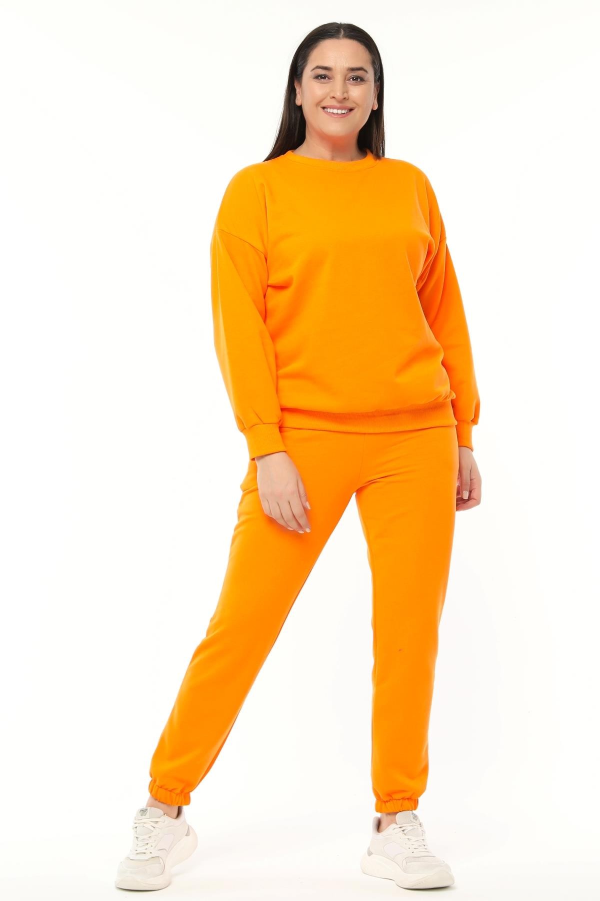 Kadın Büyük Beden Basıc Şardonlu Sweatshirt - Turuncu