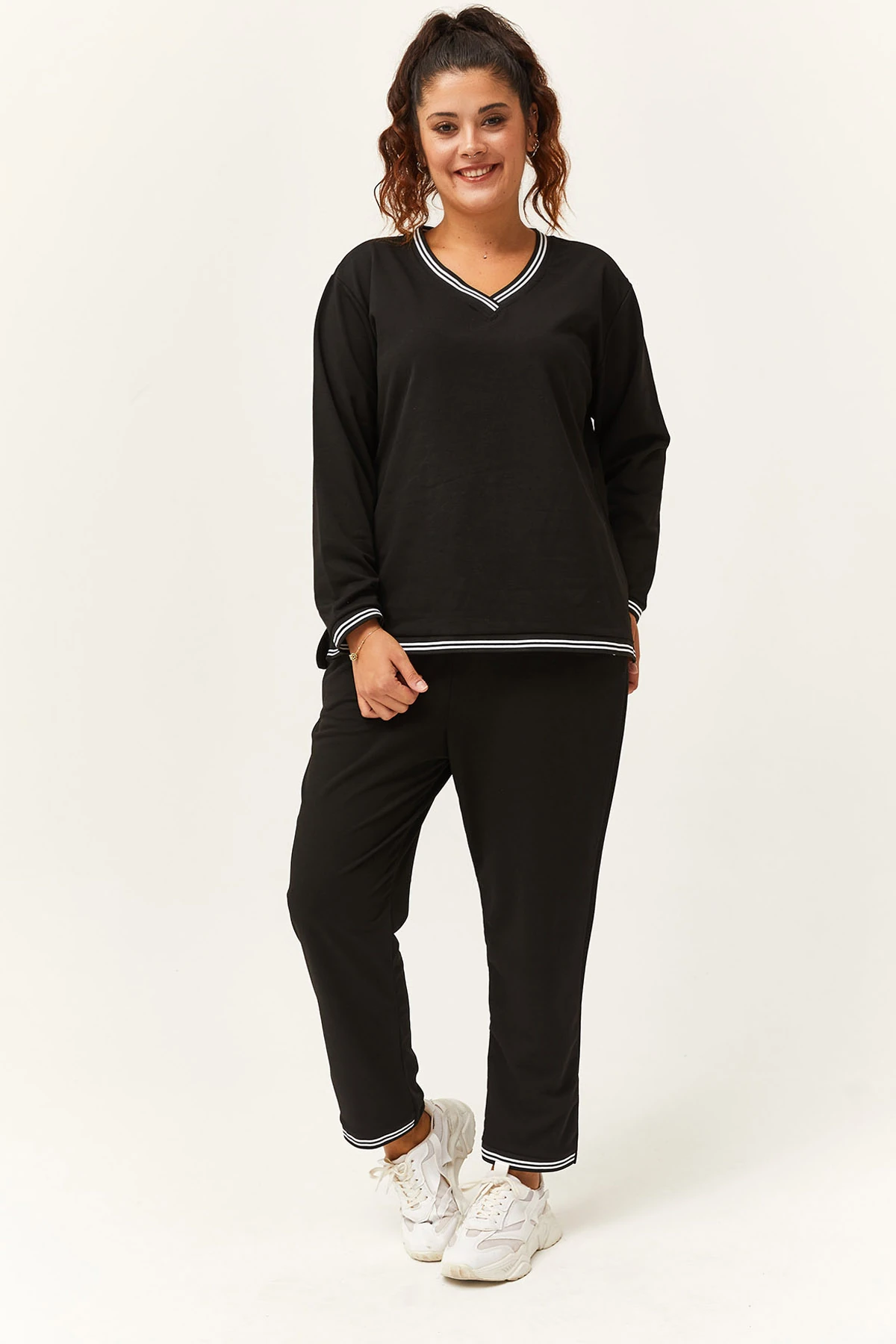 Kadın Büyük Beden Çizgili Eşofman Takımı - Siyah