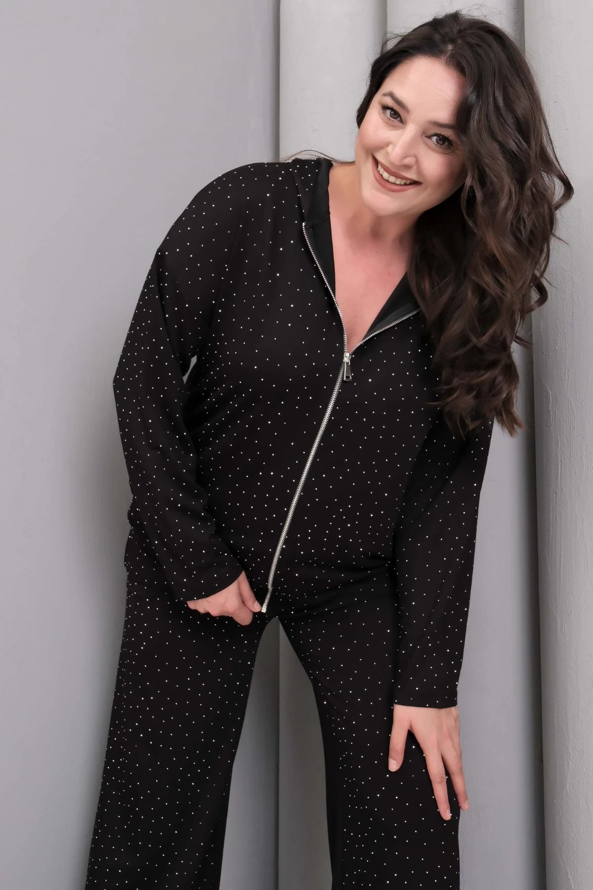 Kadın Büyük Beden Kapüşonlu Taş Baskılı Siyah Eşofman Takımı - Siyah