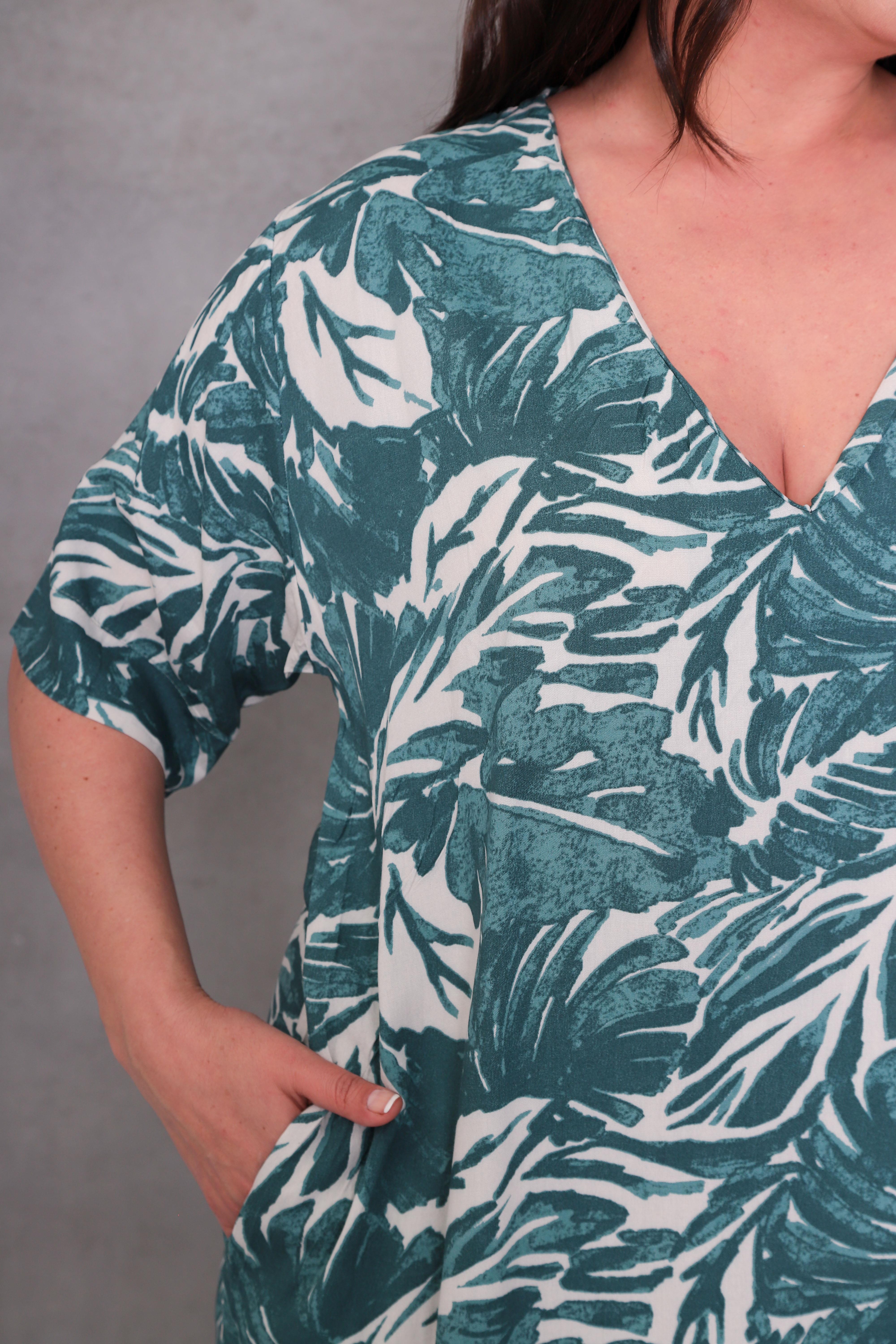 Kadın Büyük Beden Kendinden Desenli Dokuma Elbise - Yeşil