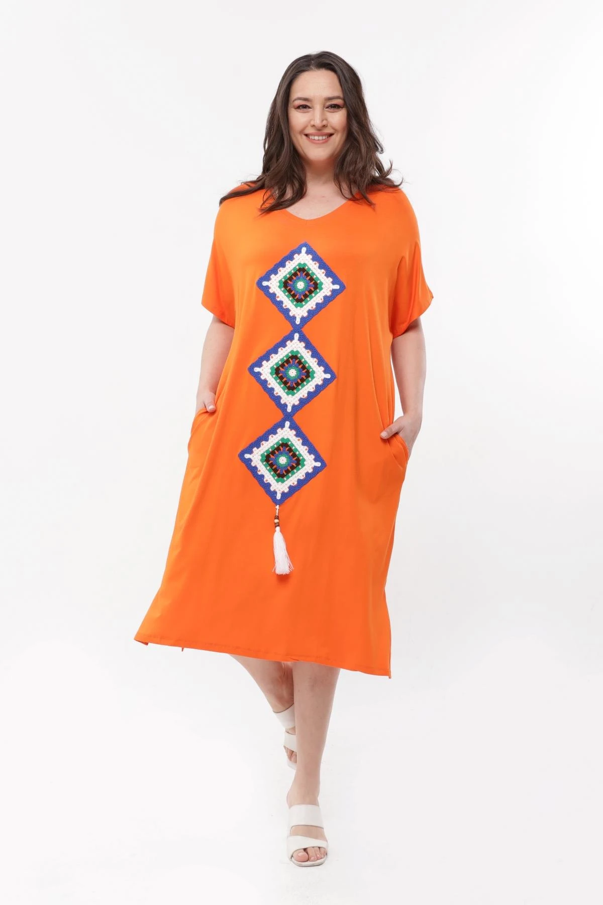 Kadın Büyük Beden Örgü Detaylı Elbise - Turuncu
