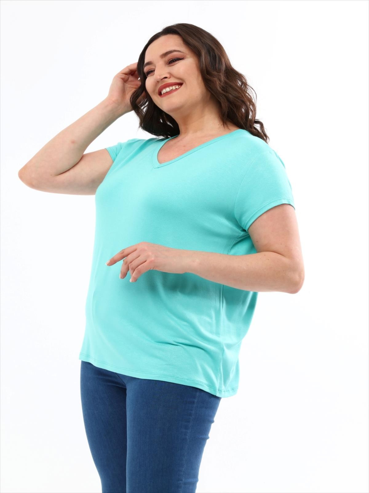 Kadın Büyük Beden V Yaka Basic Kısa Kollu T-Shirt - Mint