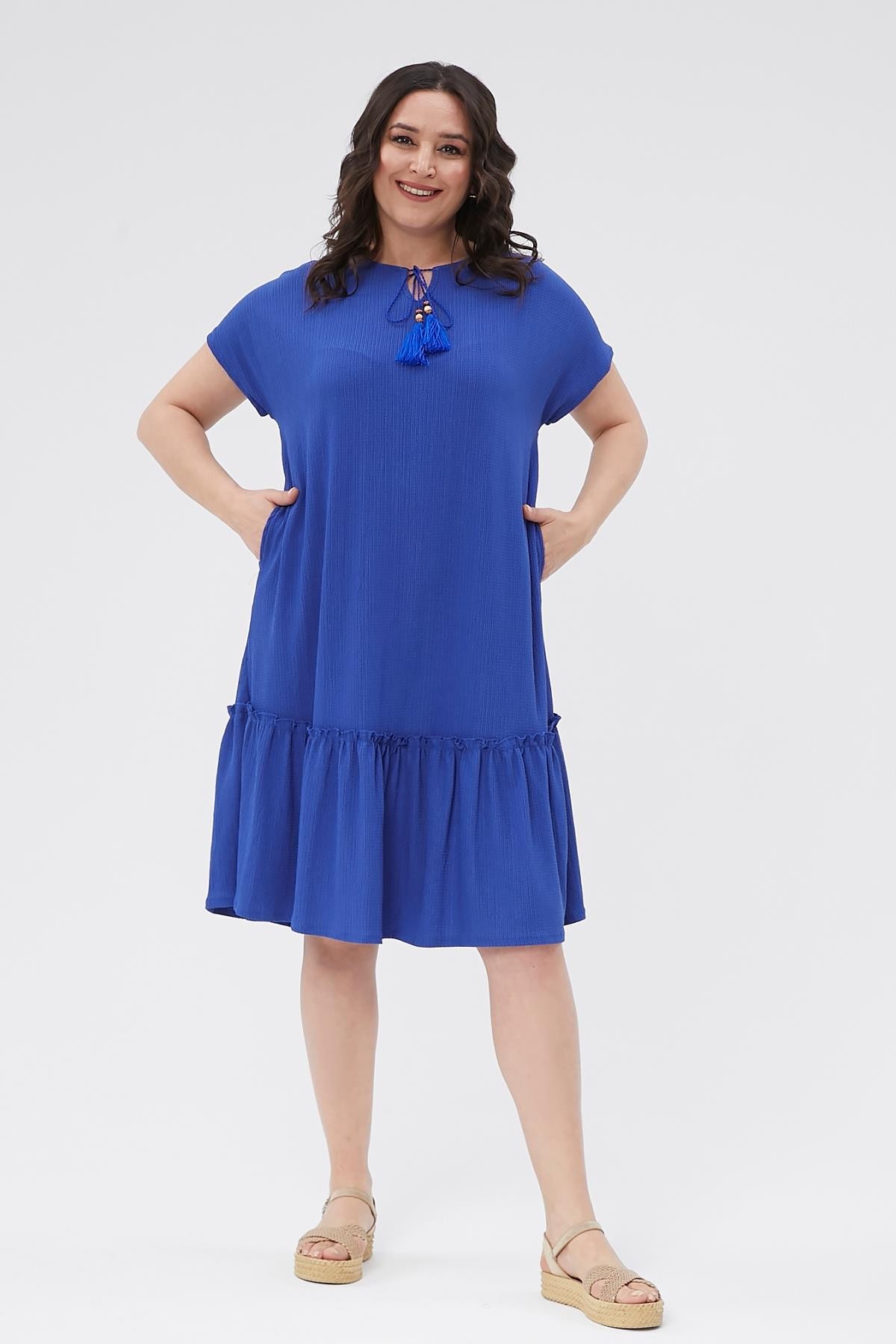 Kadın Büyük Beden Eteği Pileli Düğme Detay Elbise - Mavi