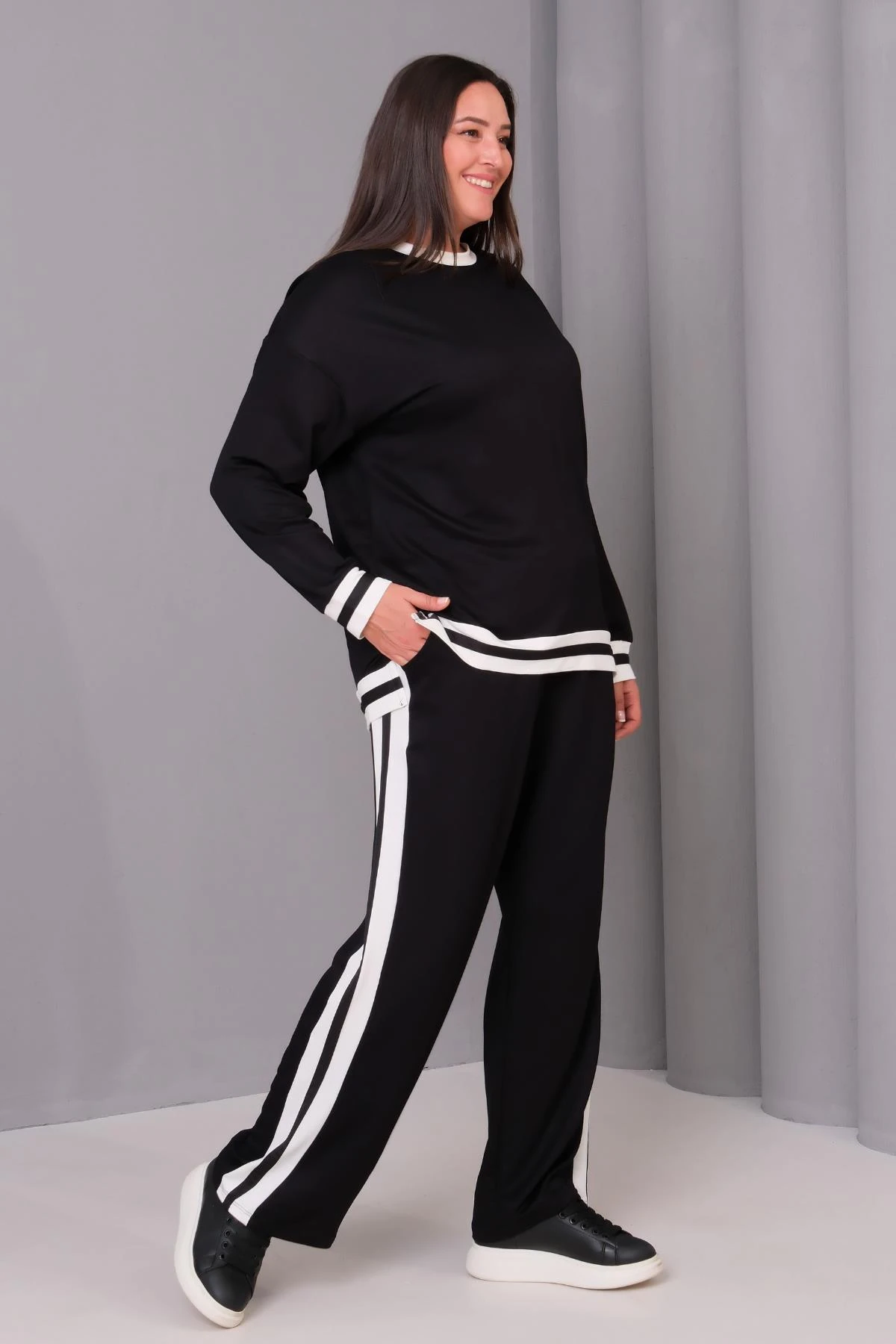 Kadın Büyük Beden Premium Çigili Siyah Eşofman Takımı - Siyah