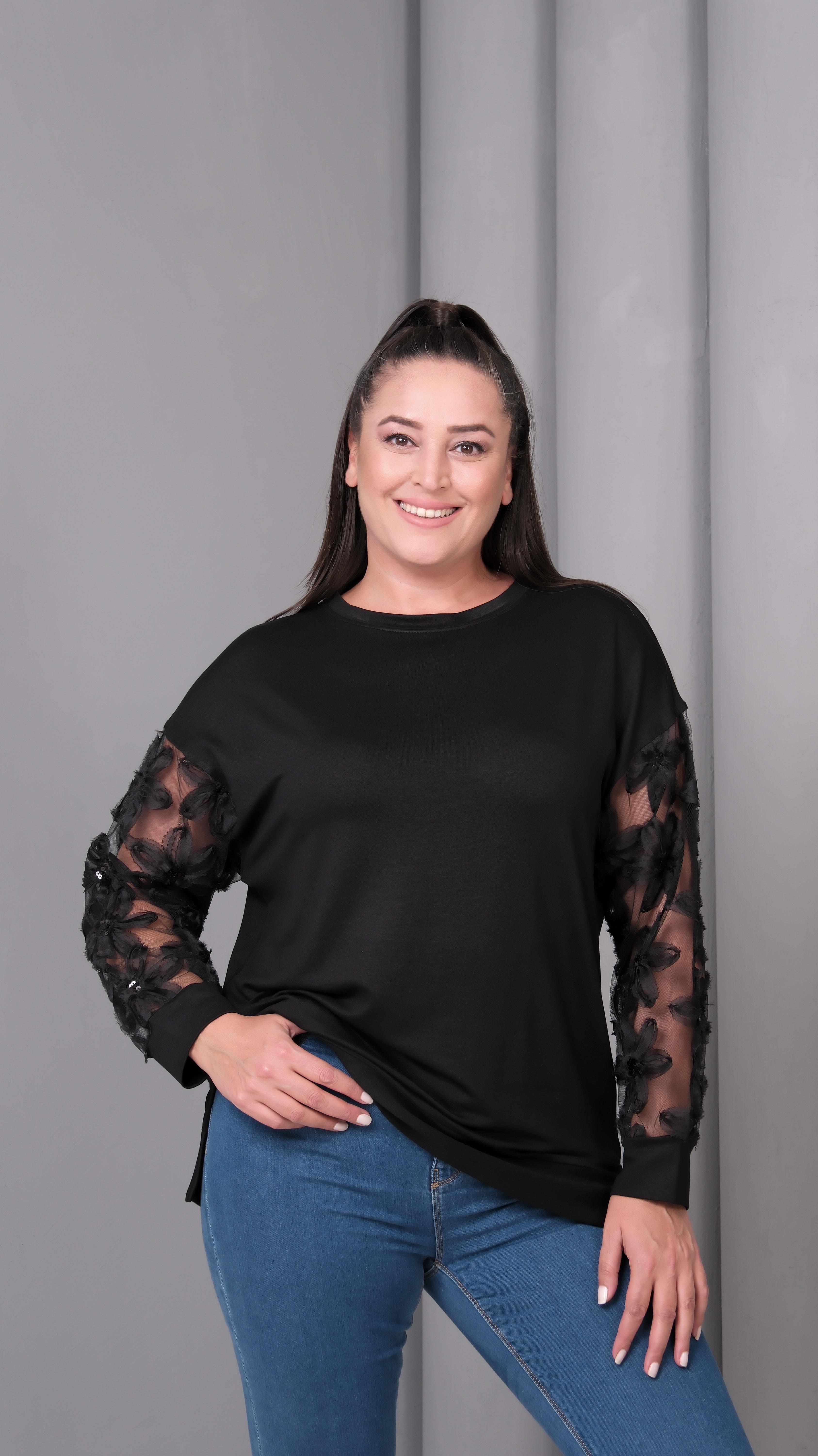 Kadın Büyük Beden Transparan Kol Siyah Sweatshirt - Siyah