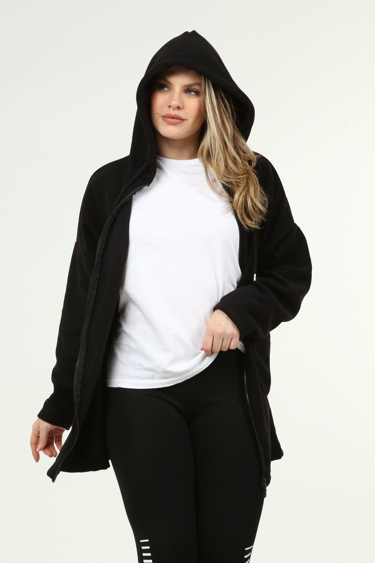 Kadın Büyük Beden Fermuarlı Basic Uzun Polar Sweatshirt