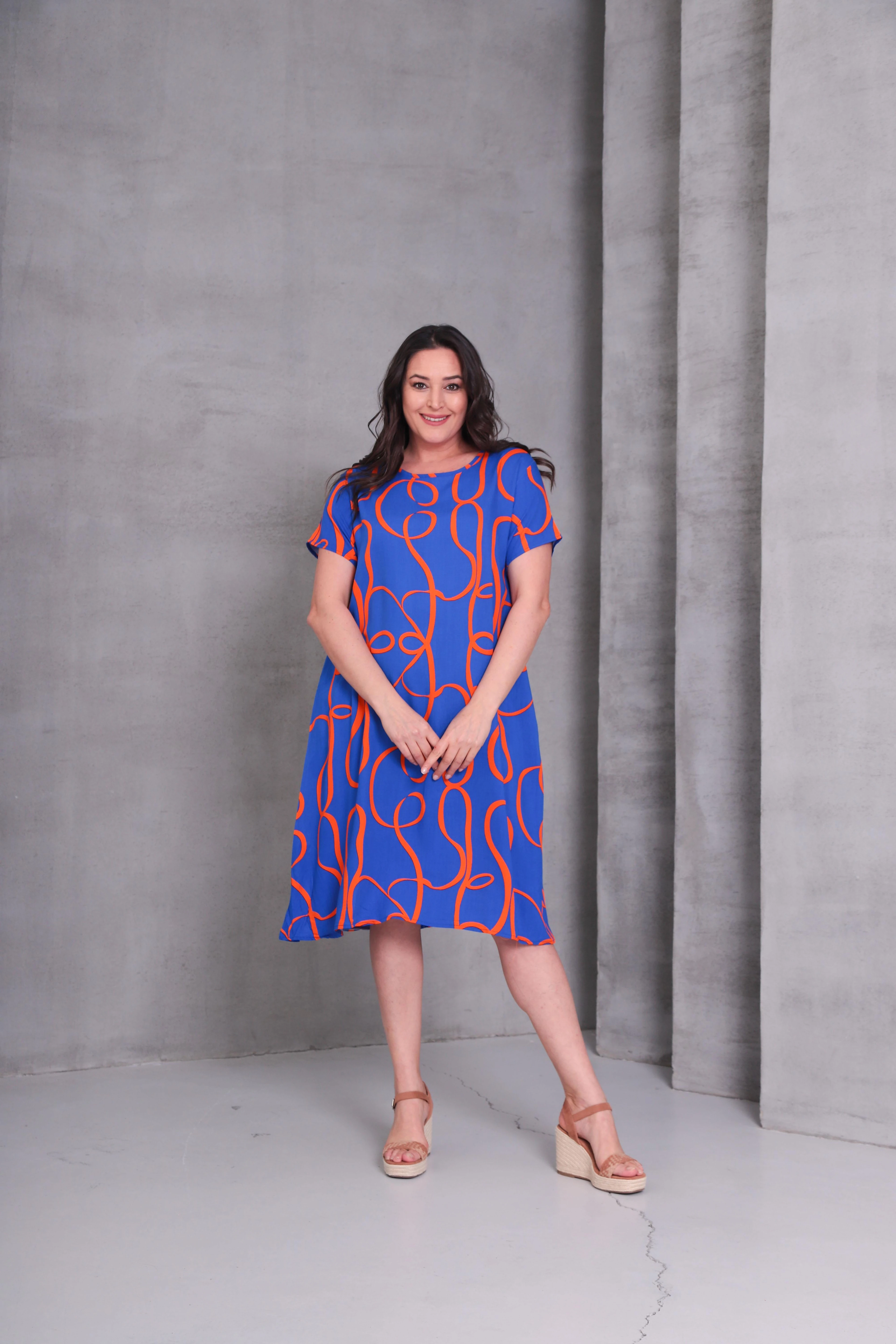 Kadın Büyük Beden Geometrik Desen Dokuma Elbise - Mavi-Turuncu