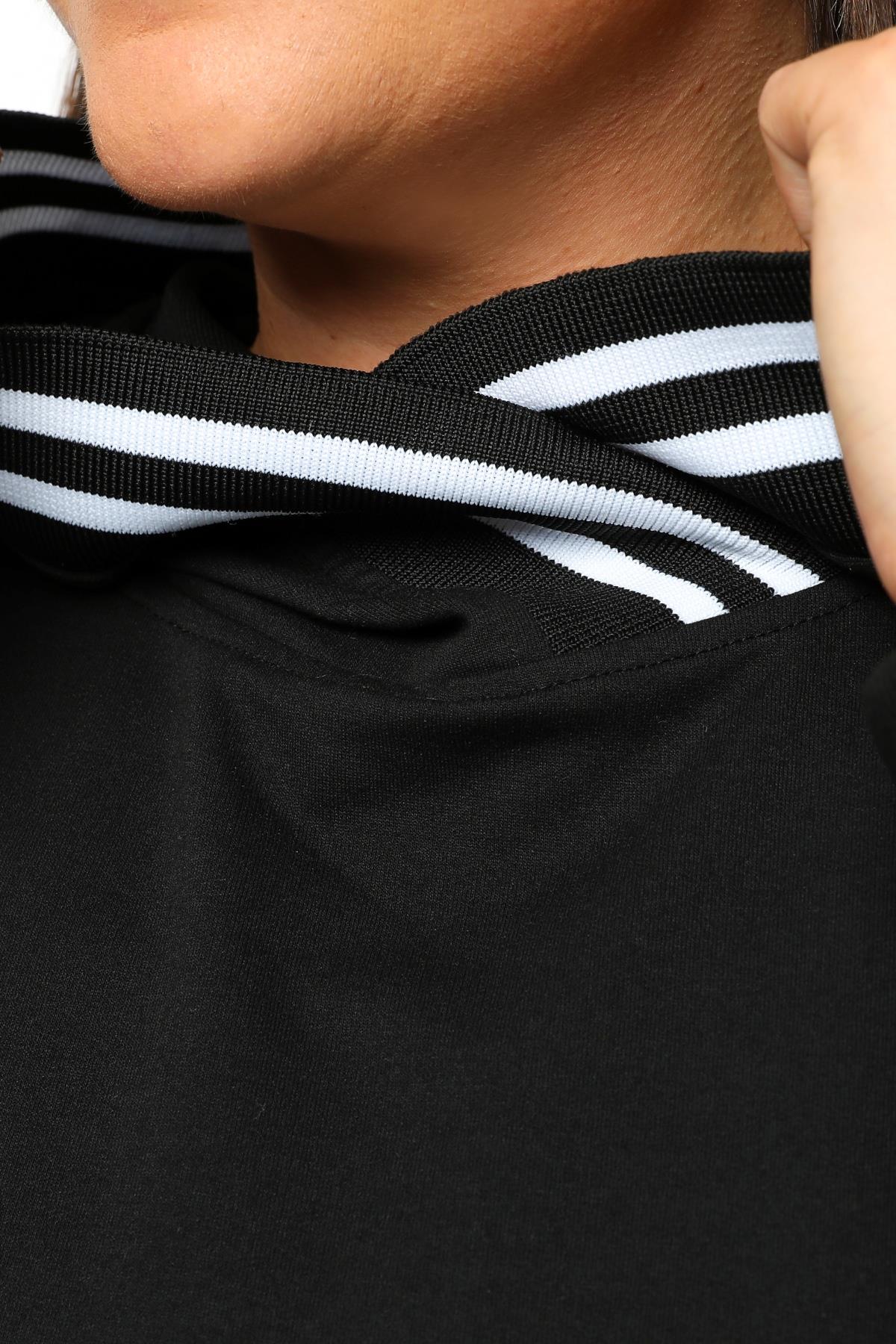 Kadın Büyük Beden Kapüşonlu Siyah Beyaz Ribana Detaylı Siyah Sweatshirt - Siyah