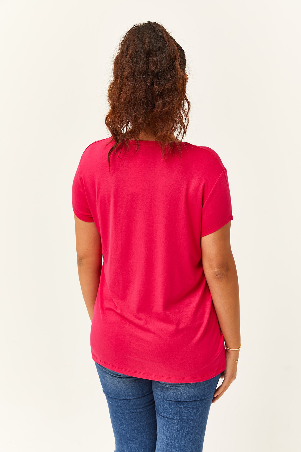 Kadın Büyük Beden V Yaka Basic Kısa Kollu T-Shirt - Pembe