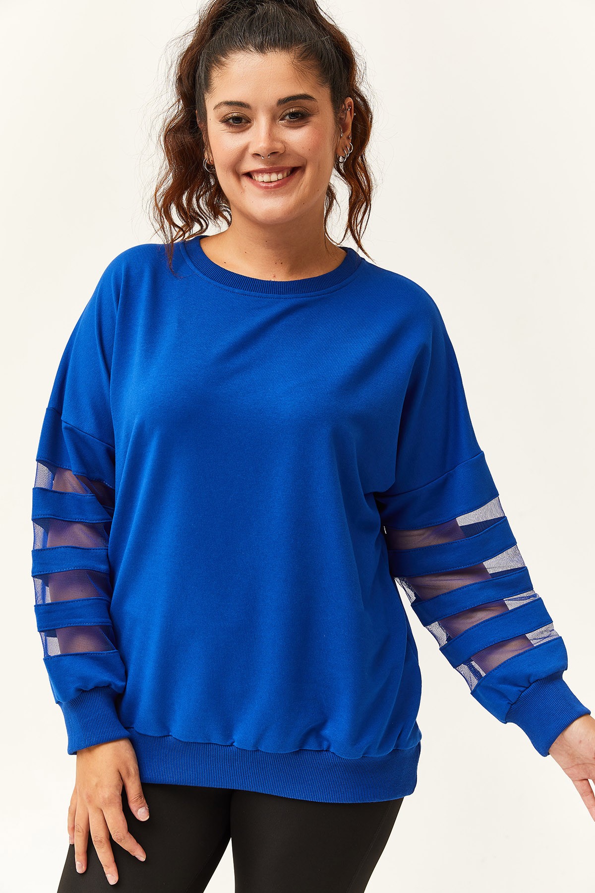 Kadın Büyük Beden Kolları Transparan Detay Sweatshirt