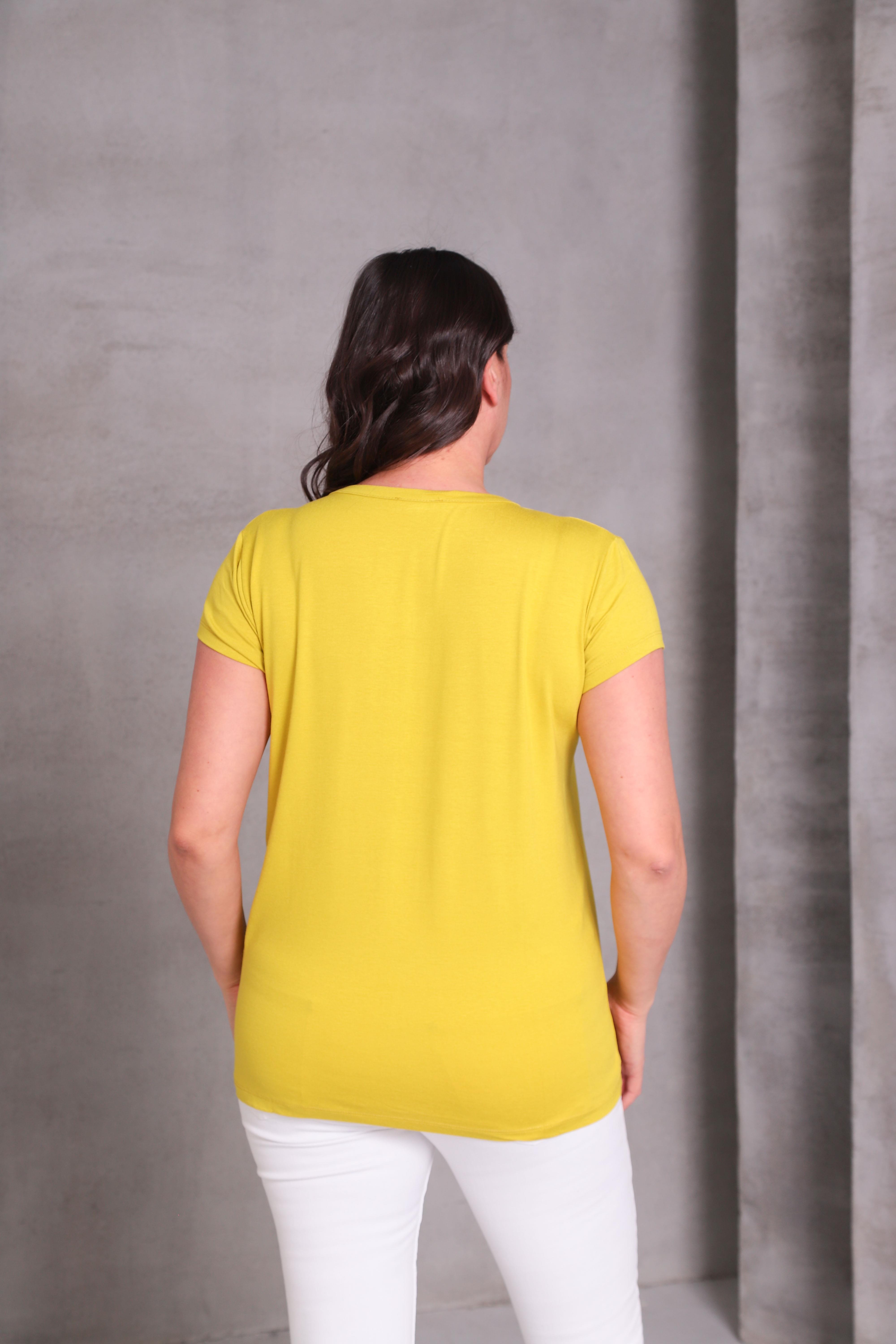 Kadın Büyük Beden V Yaka Basic Kısa Kollu T-Shirt - Beyaz-Sarı