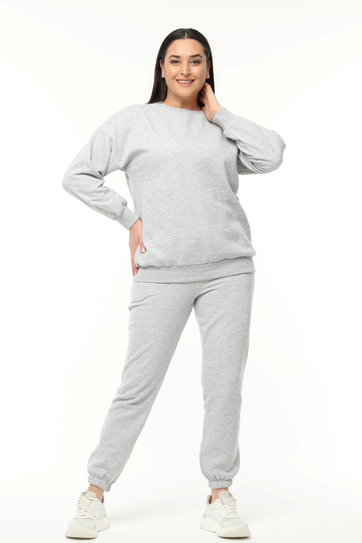 Kadın Büyük Beden Basıc Şardonlu Sweatshirt - Gri