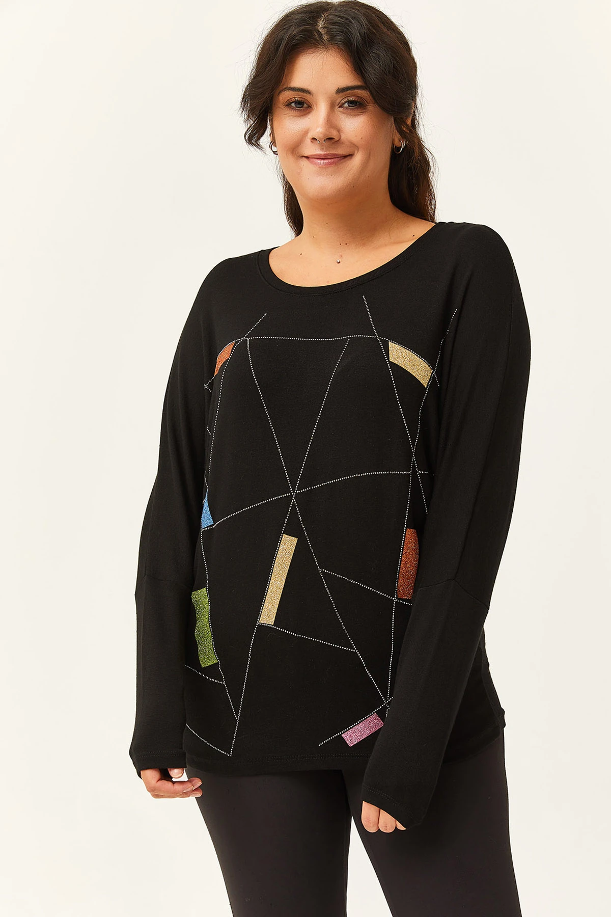 Kadın Büyük Beden Renkli Taş Baskılı Siyah Bluz - Siyah