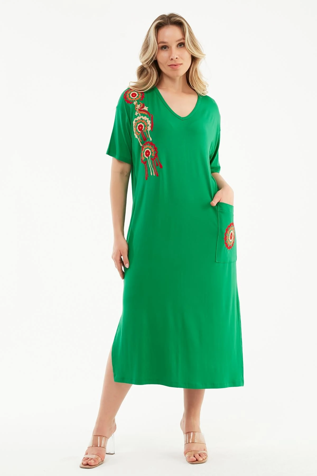 Kadın Büyük Beden Dikey Nakışlı Örme Elbise - Yeşil