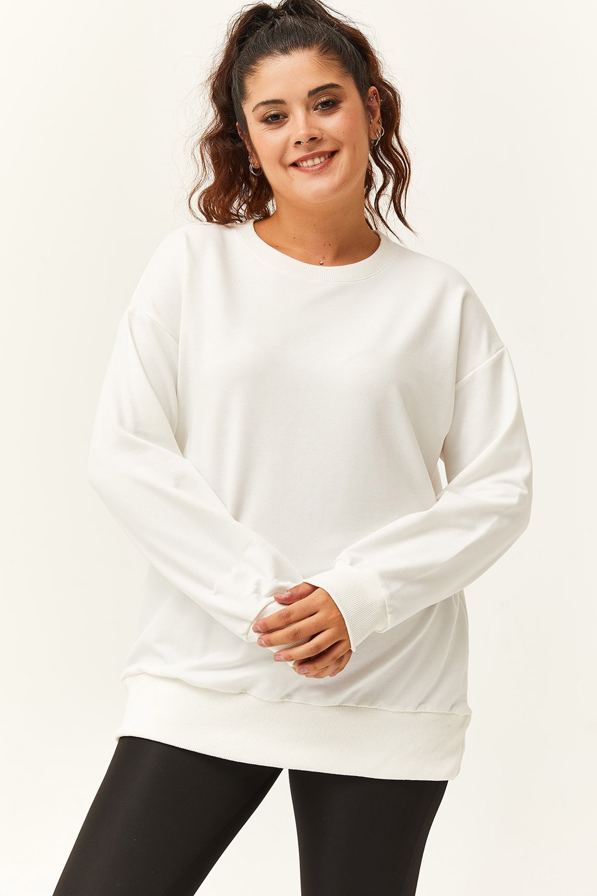 Kadın Büyük Beden Basic Sweatshirt - Beyaz