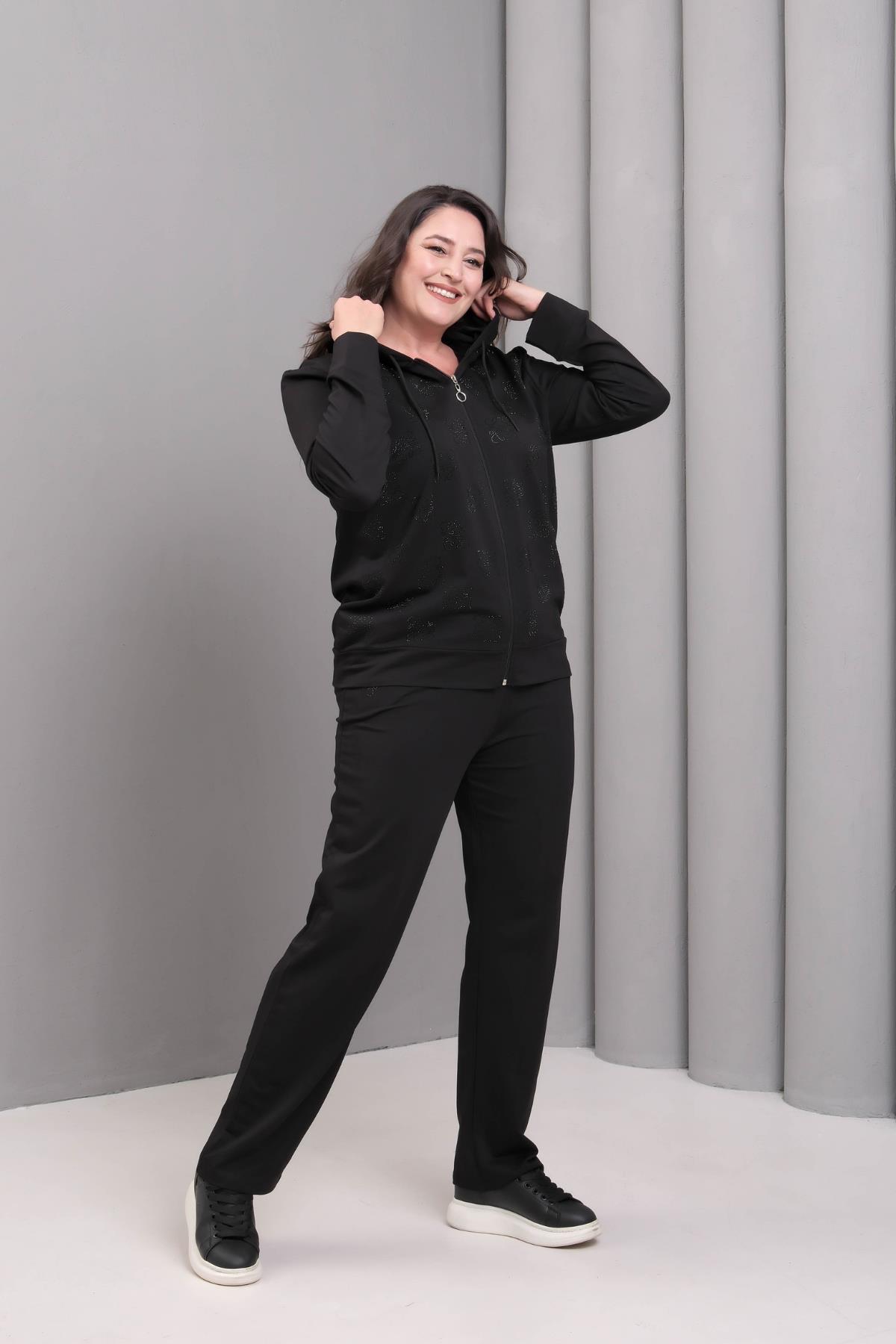 Kadın Büyük Beden Taş Baskılı Kapüşonlu Siyah Eşofman Takımı