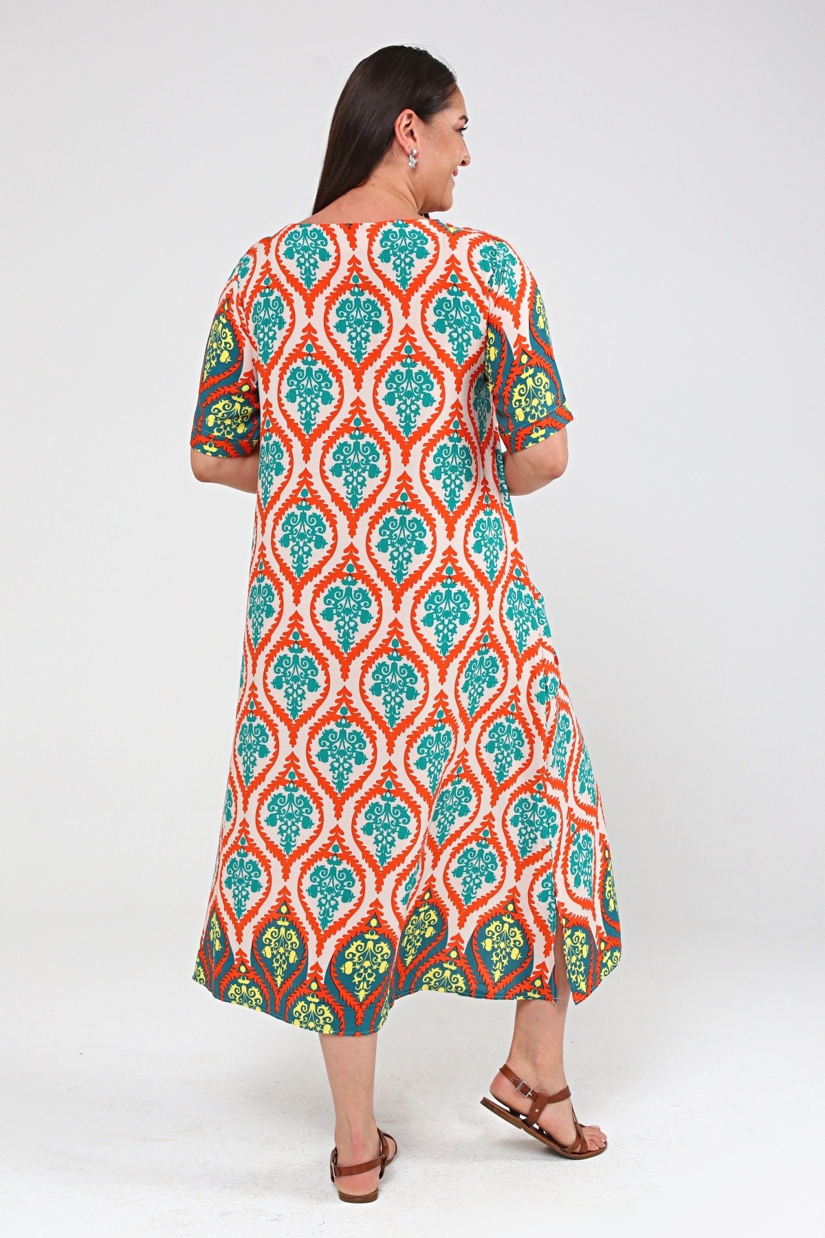 Kadın Büyük Beden Etnik Desen Renkli Elbise