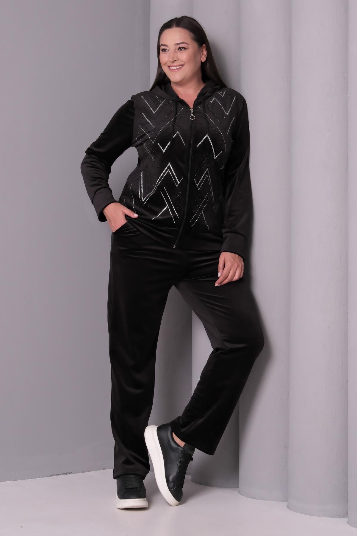 Kadın Büyük Beden Taşlı Kadife Siyah Eşofman Takımı - Siyah