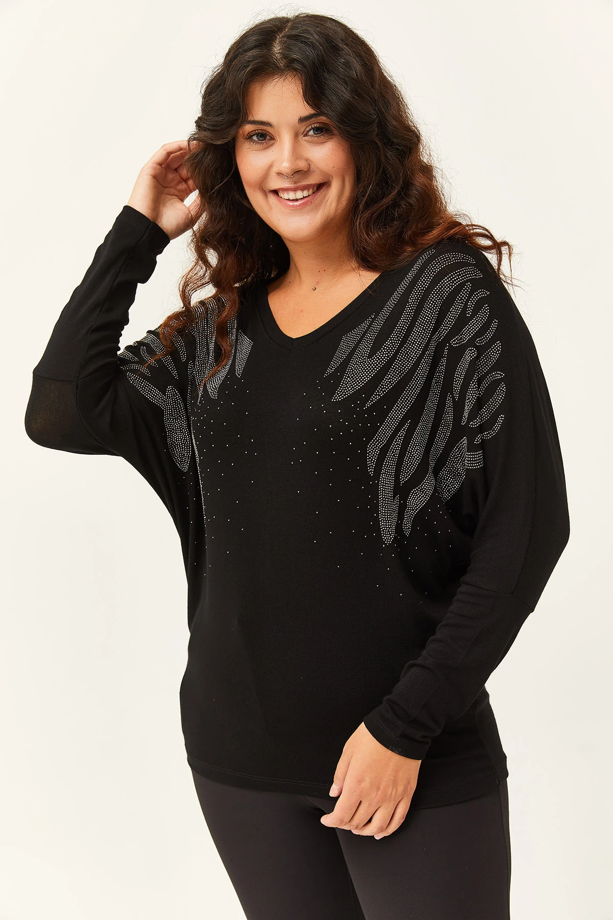 Kadın Büyük Beden Yarasa Kol Taş Desenli Bluz - Siyah