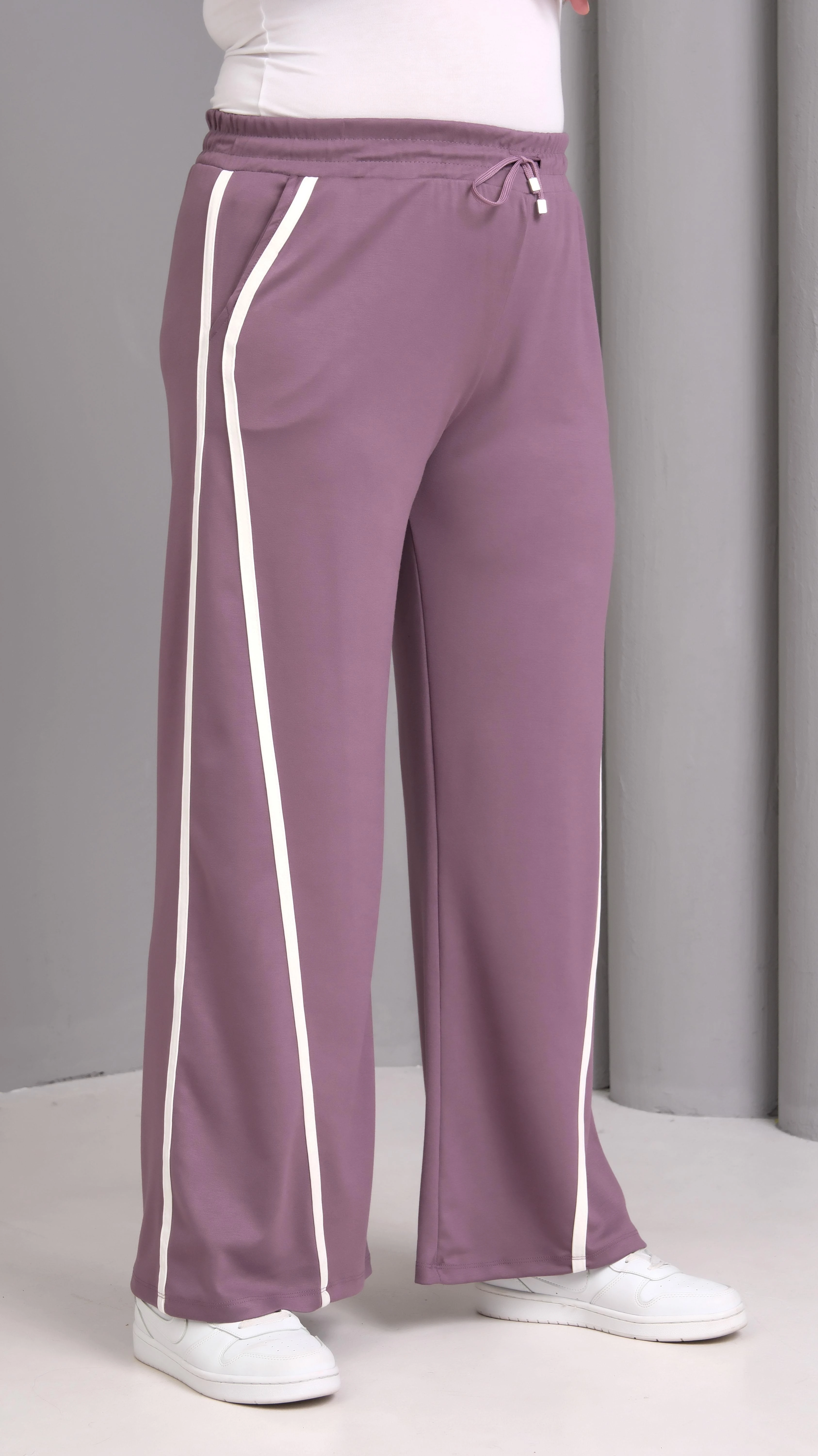 Kadın Büyük Beden Ekstra Rahat Kalıp Çizgili Eşofman Altı - Mor