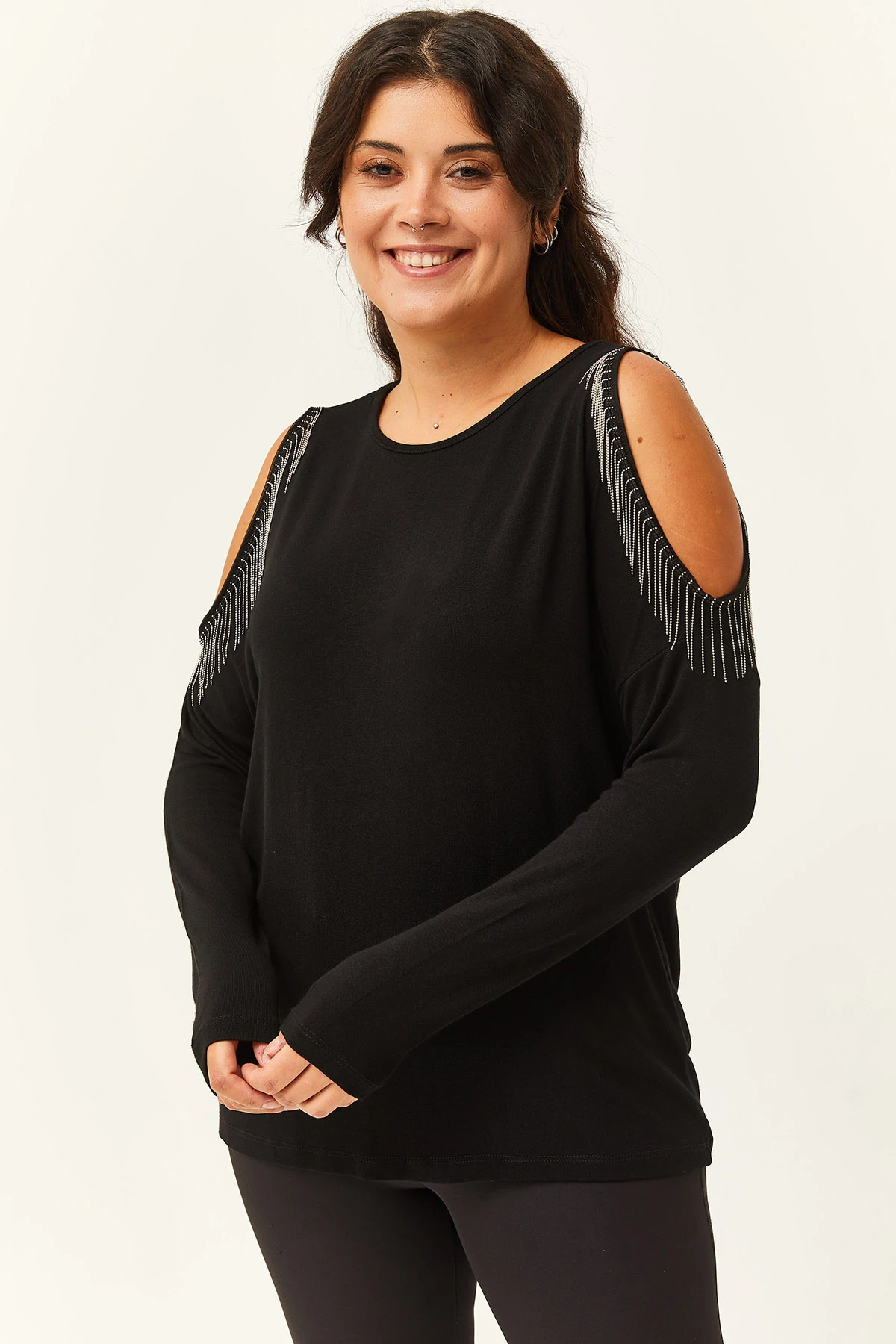 Kadın Büyük Beden Omuz Dekolte Ve Püskül Detaylı Bluz