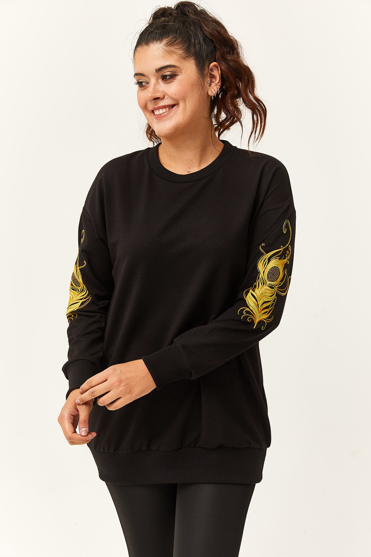 Kadın Büyük Beden Kolu Nakışlı Sweatshirt