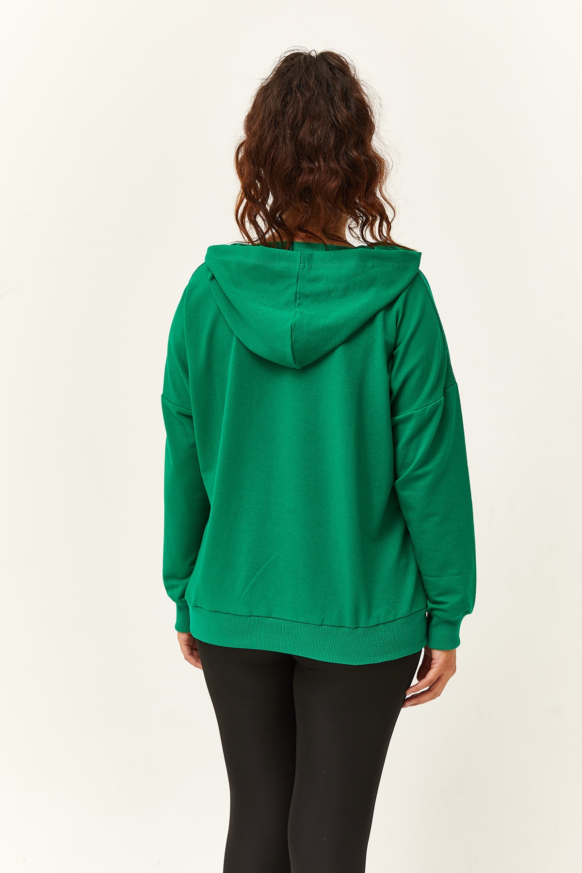 Kadın Büyük Beden File Detaylı Kapüşonlu Sweatshirt - Yeşil