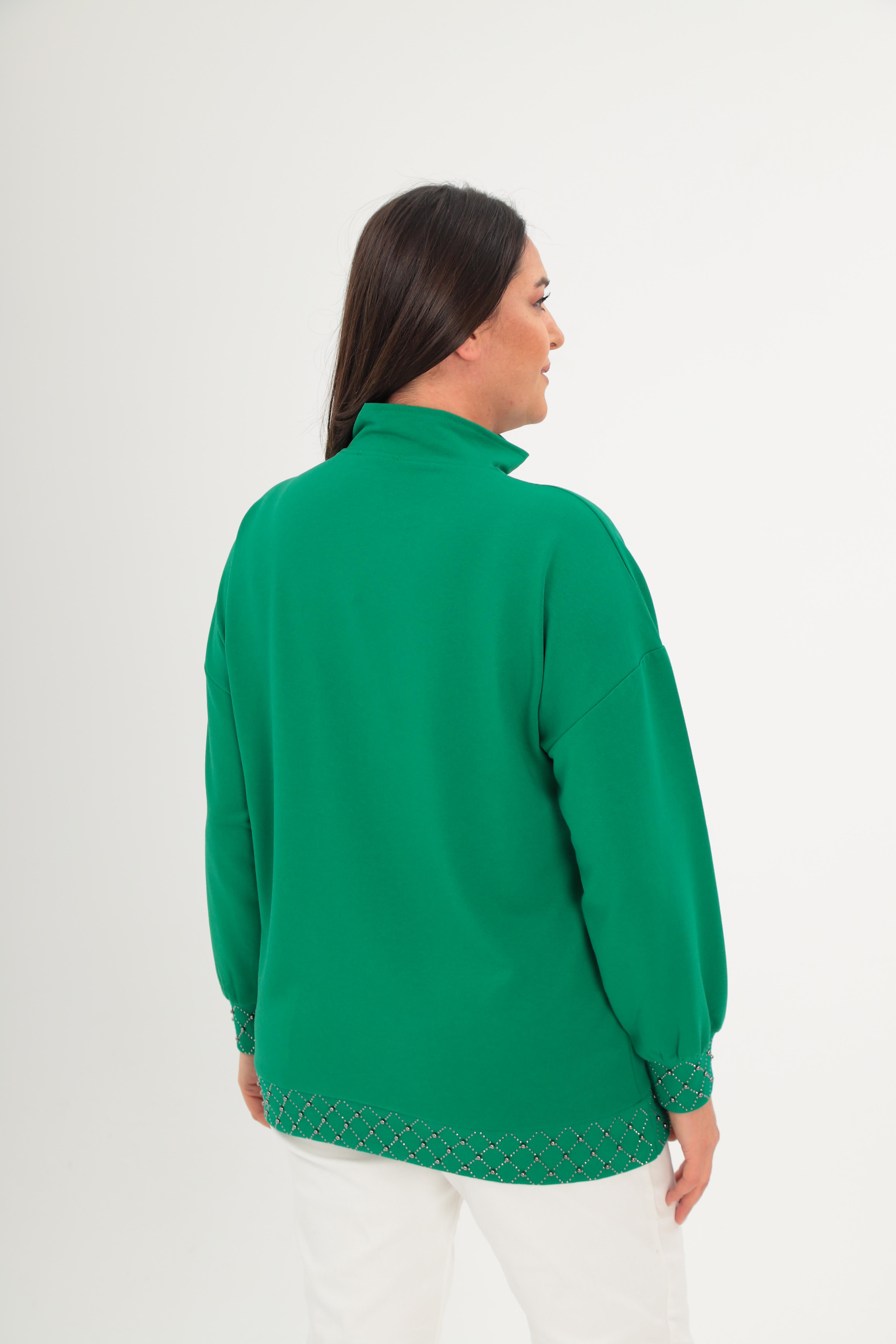Büyük Beden Yarım Balıkçı Yaka Fermuarlı Geometrik Taş Detaylı  Sweatshirt - Yeşil