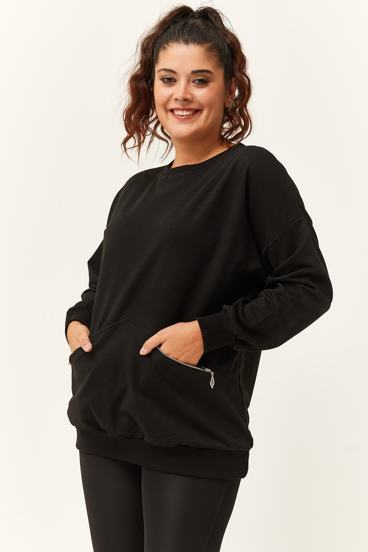 Kadın Büyük Beden Fermuarlı Cep Detaylı Basic Sweatshirt