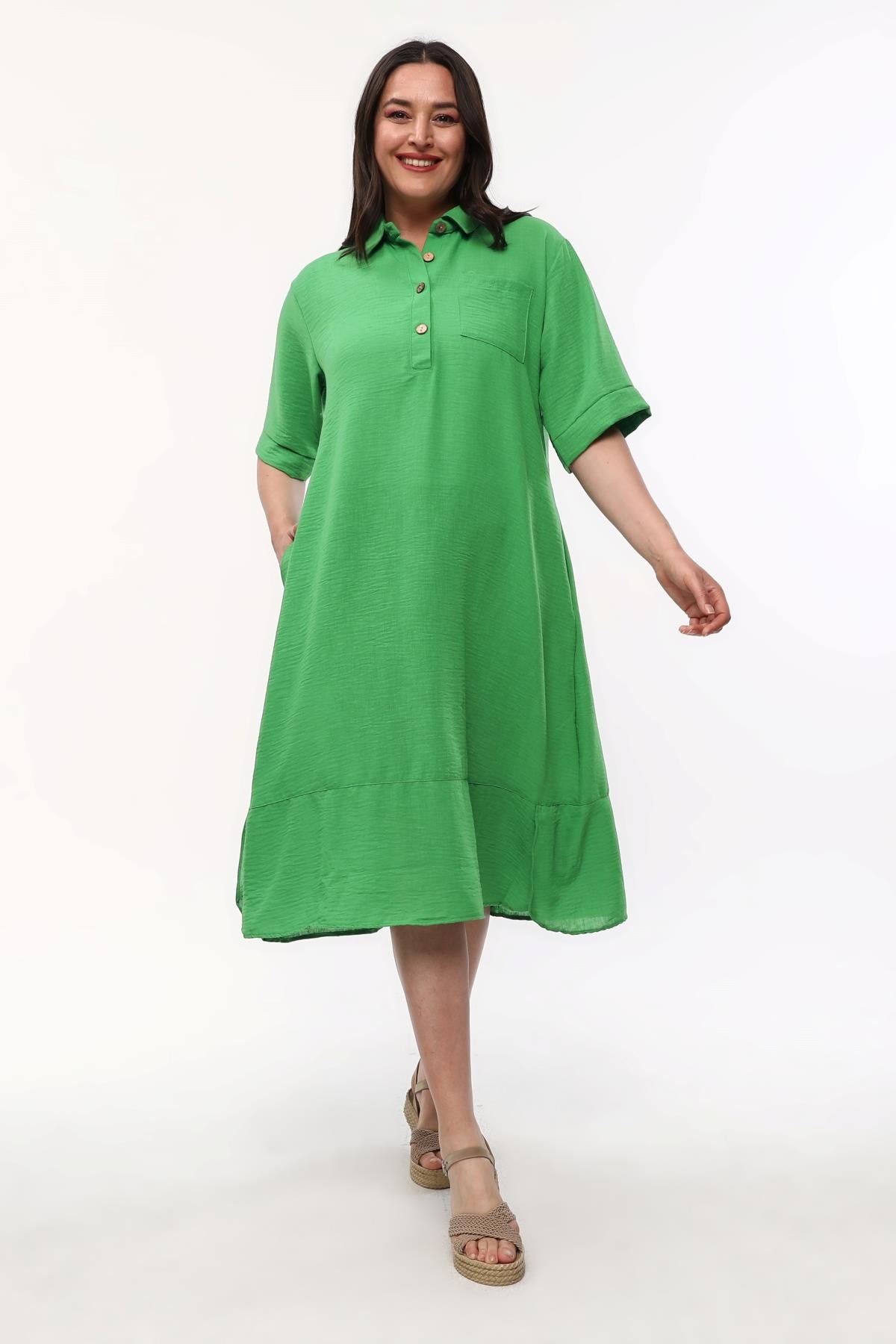 Kadın Büyük Beden Gömlek Yaka Keten Görünümlü Elbise - Yeşil