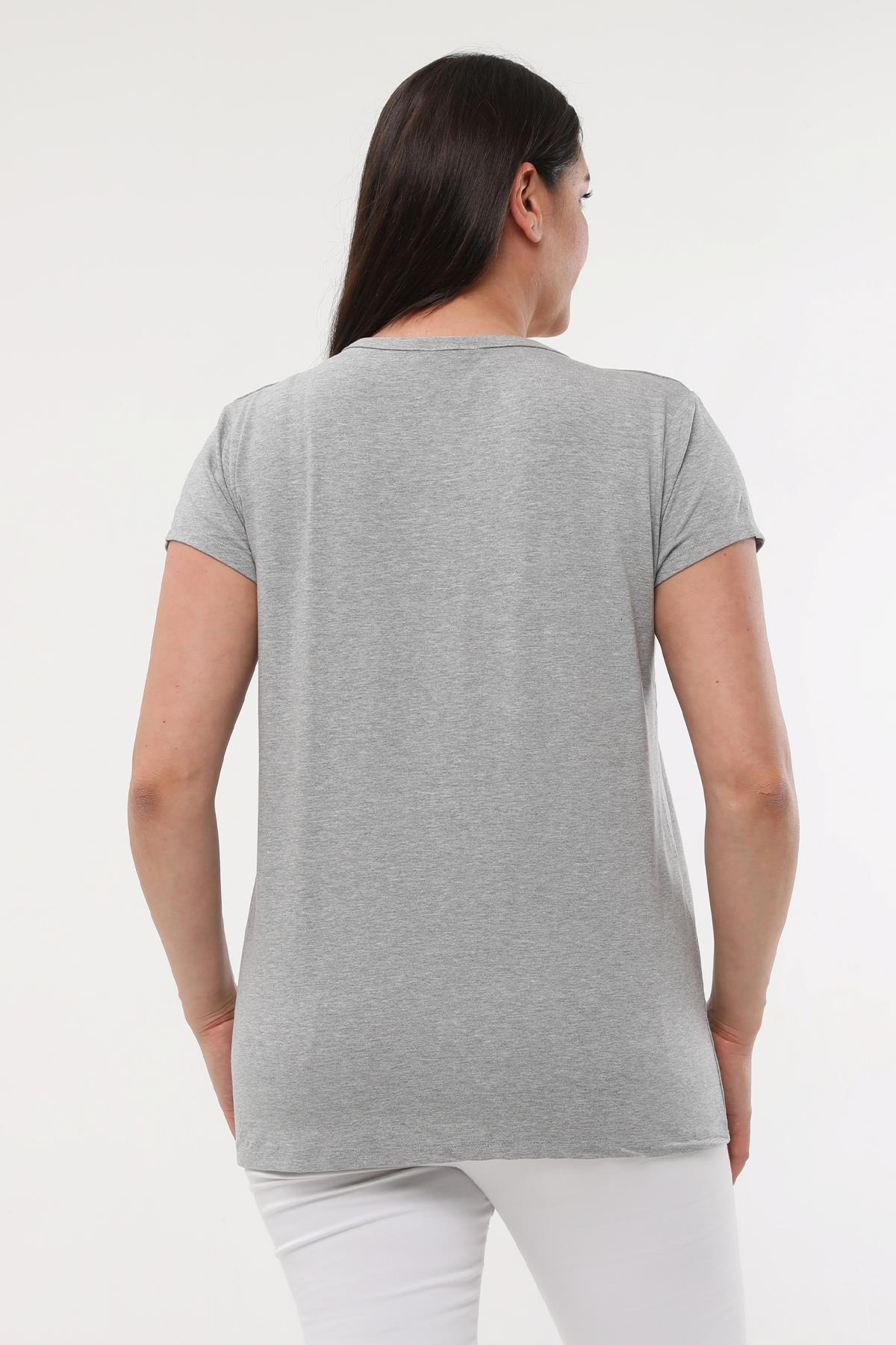 Kadın Büyük Beden V Yaka Basic Kısa Kollu T-Shirt - Gri