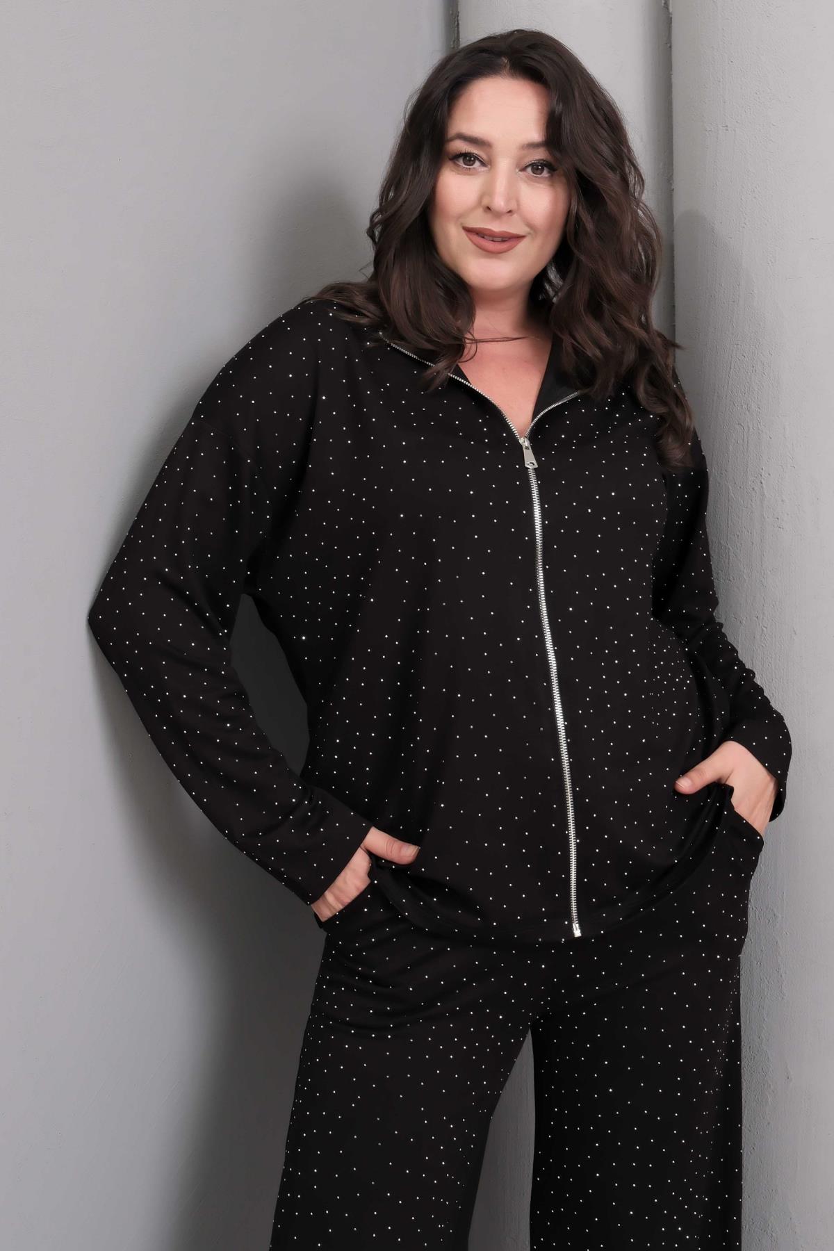 Kadın Büyük Beden Kapüşonlu Taş Baskılı Siyah Eşofman Takımı - Siyah