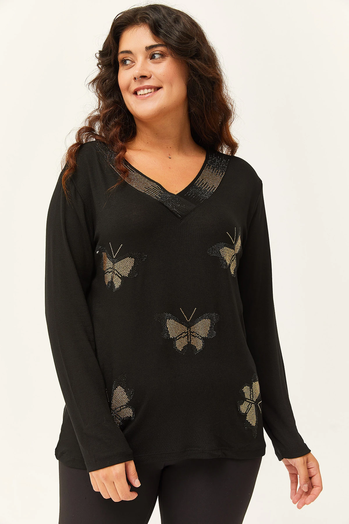 Kadın Büyük Beden Kelebek Gold Taş Baskılı Bluz - Siyah