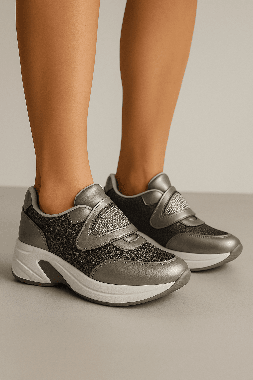 Bonjey Kadın Metalik Gri Sneaker – Taş Detaylı, Cırt Cırtlı, Kalın Tabanlı Günlük Spor Ayakkabı