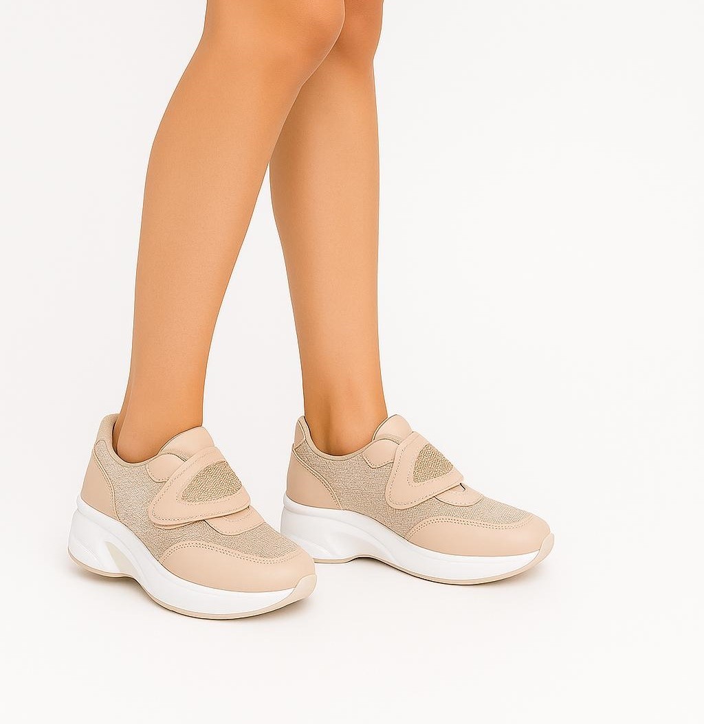 Bonjey Bej Renkli Kadın Platform Spor Ayakkabı – Yüksek Taban Cırt Kapama Sneaker