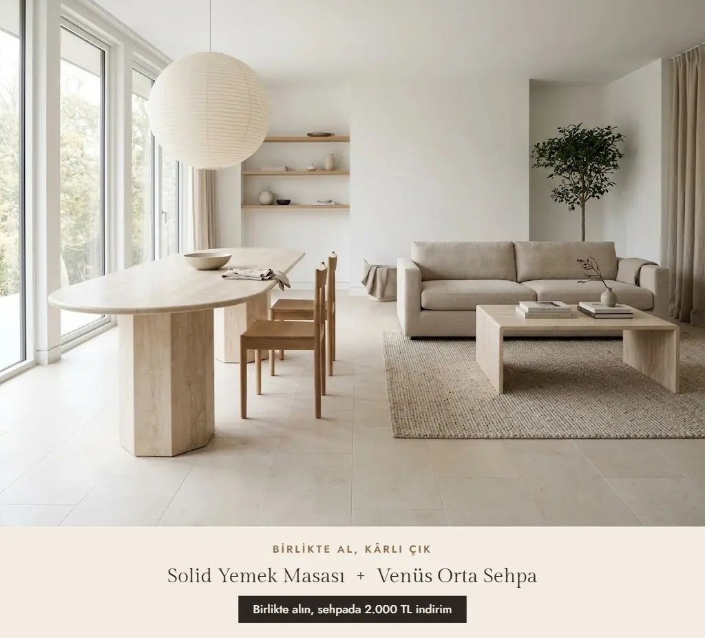 Solid traverten yemek masası ve Venüs traverten orta sehpa aynı salonda