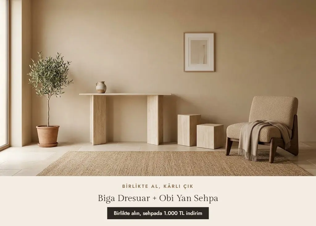 Biga traverten dresuar ve Obi traverten yan sehpa aynı salonda